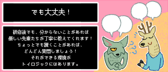 研修後でも、分からないことがあれば皆さん温かく教えてくれます。少しでも分からないことがあれば遠慮しないでどんどん質問しましょう!